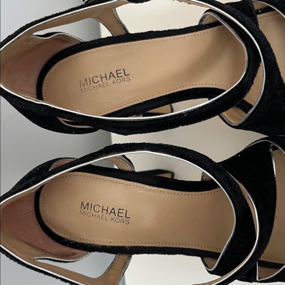 Michael Kors black velvet open toe platform high Heels 7M silver buckle accent - Picture 3 of 13